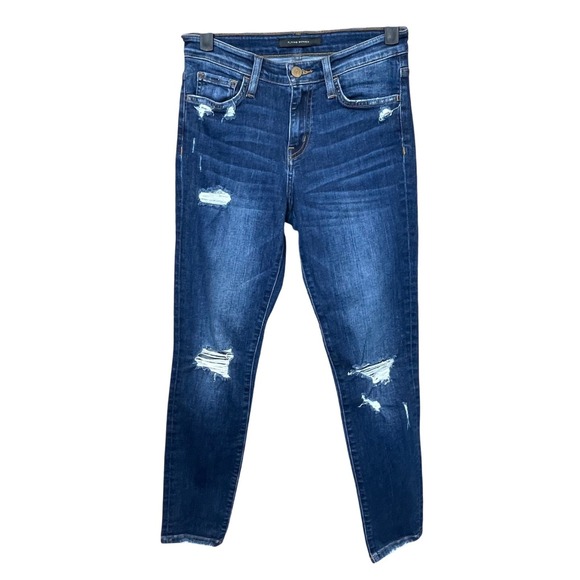 Flying Monkey Denim - Flying Monkey Mid Rise Ankle Skinny Blue Jeans Distressed Dark Wash Womens 25
